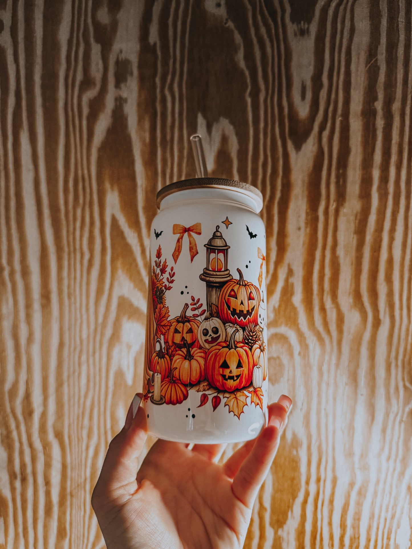 Spooky fall ghost and pumpkin can glass