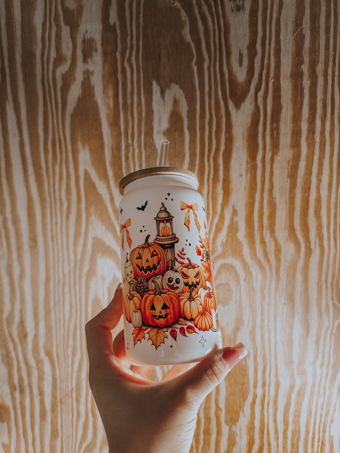 Spooky fall ghost and pumpkin can glass